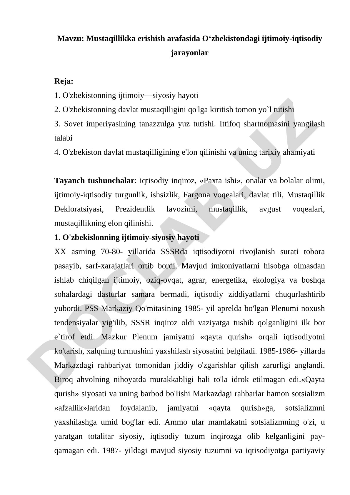 Mustaqillikka erishish arafasida O‘zbekistondagi ijtimoiy-iqtisodiy jarayonlar