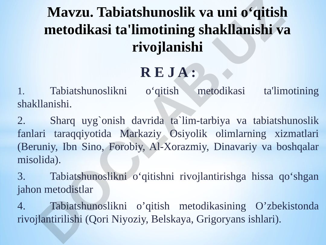 Tabiat fanlari o'qitish metodikasi tarixi va rivojlanishi