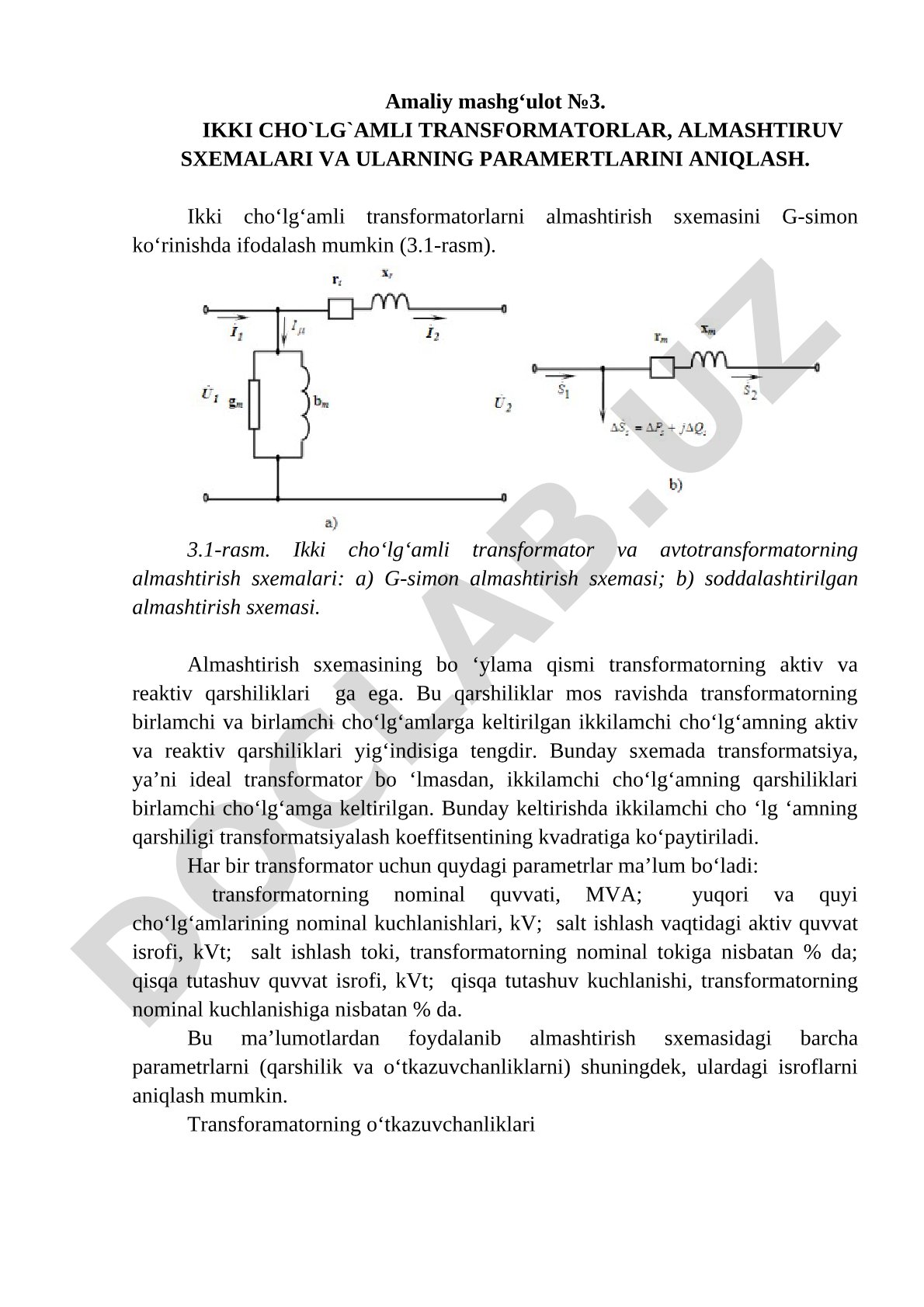 Ikki cho‘lg‘amli transformatorlar, almashtirish sxemalari va ularning parametrlarini aniqlash
