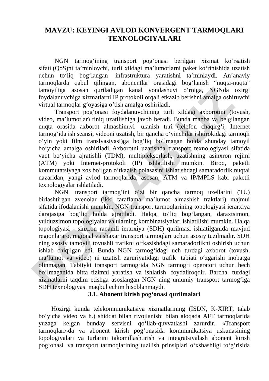 KEYINGI AVLOD KONVERGENT TARMOQLARI TEXNOLOGIYALARI