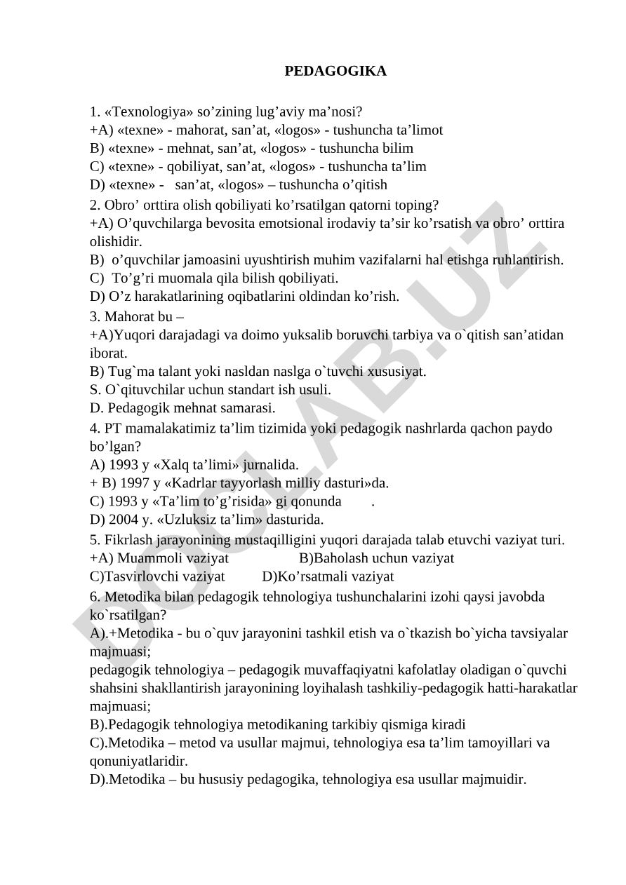 Pedagogika fanidan test savollari