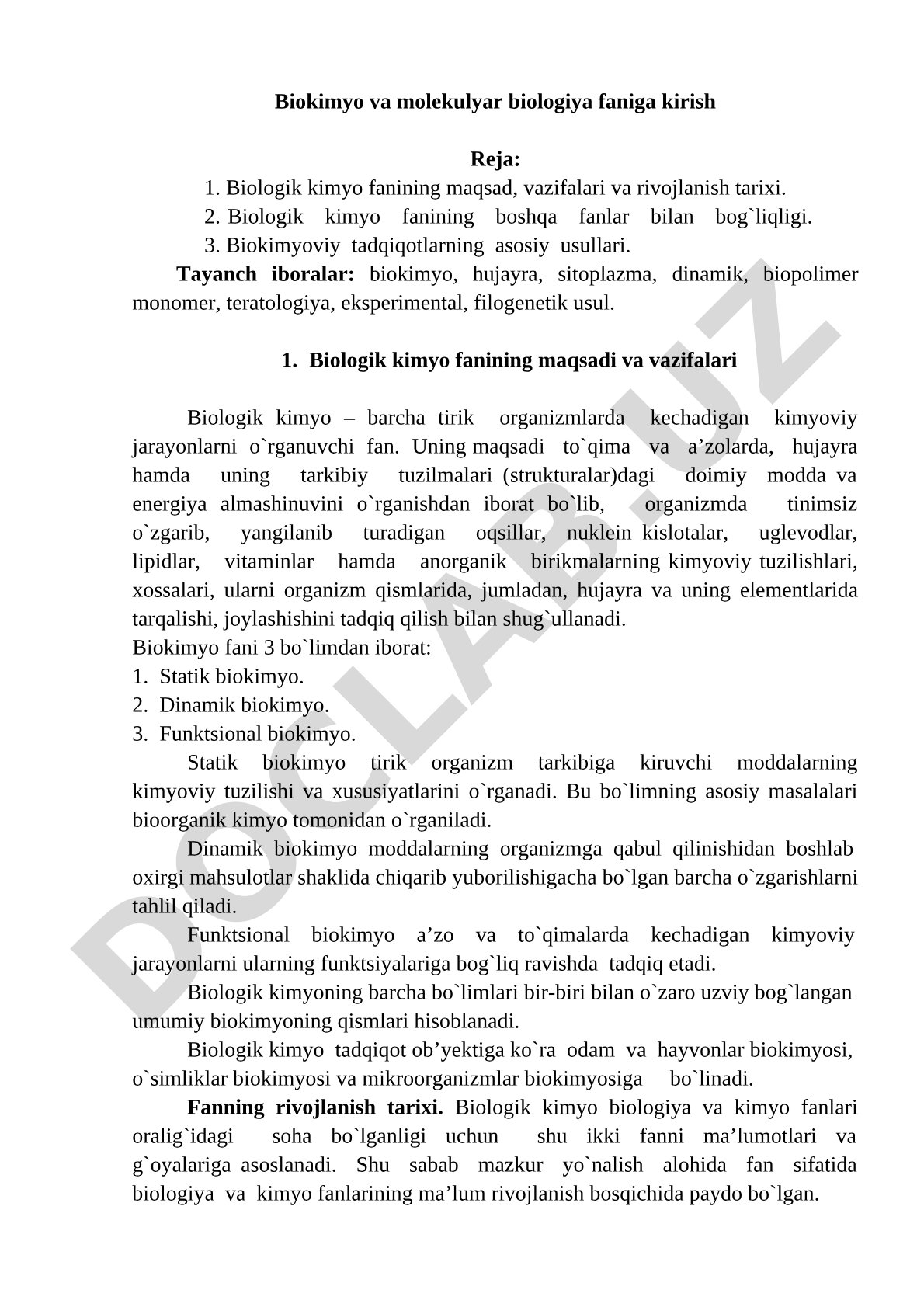 Biokimyo va molekulyar biologiya faniga kirish