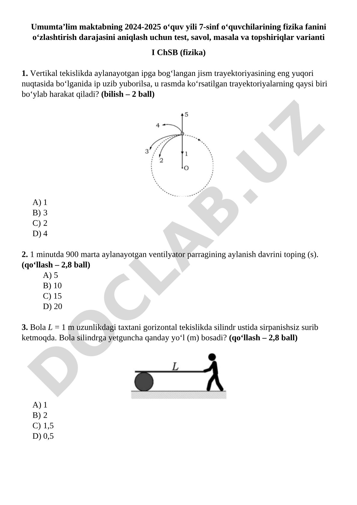 Fizika fanidan test variant