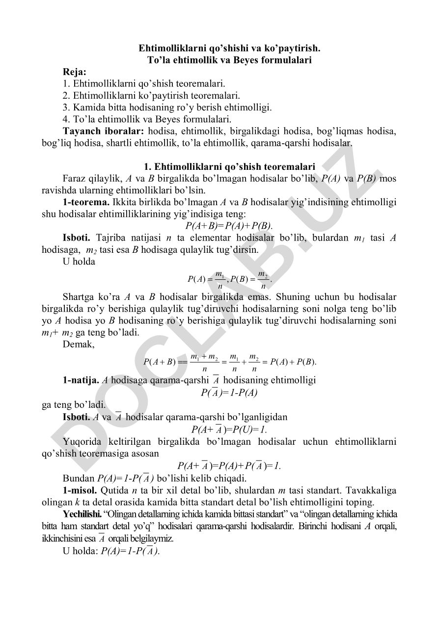 Ehtimolliklarni qo'shish va ko'paytirish teoremalari, to'la ehtimollik va Beyes formulalari