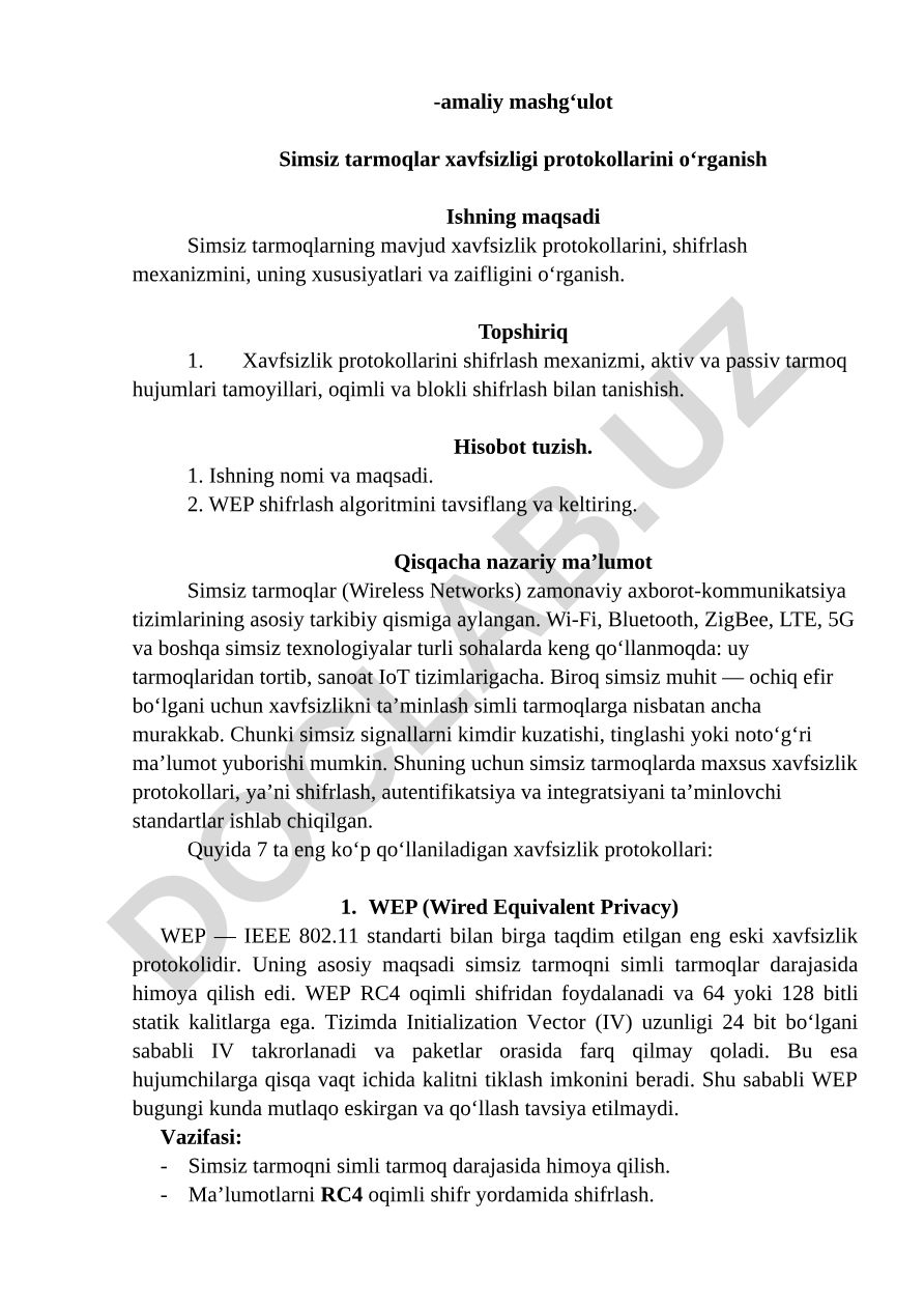 Simsiz tarmoqlar xavfsizlik protokollarini o'rganish