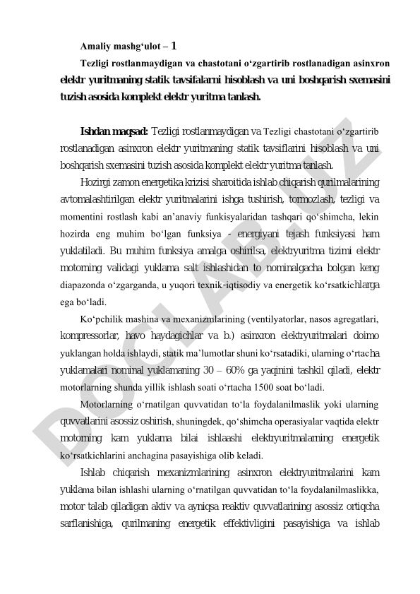 Asinxron elektr yuritmalarning statik tavsiflari va boshqarish sxemalari