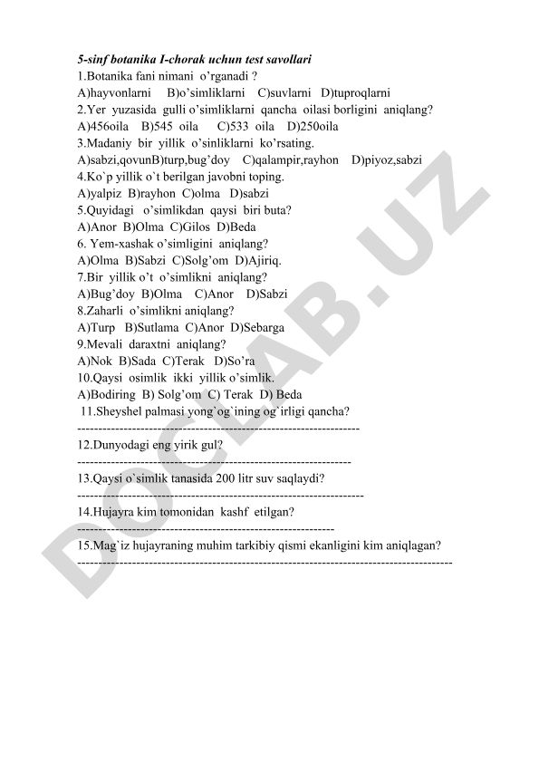 5-sinf botanika fanidan I-chorak test savollari