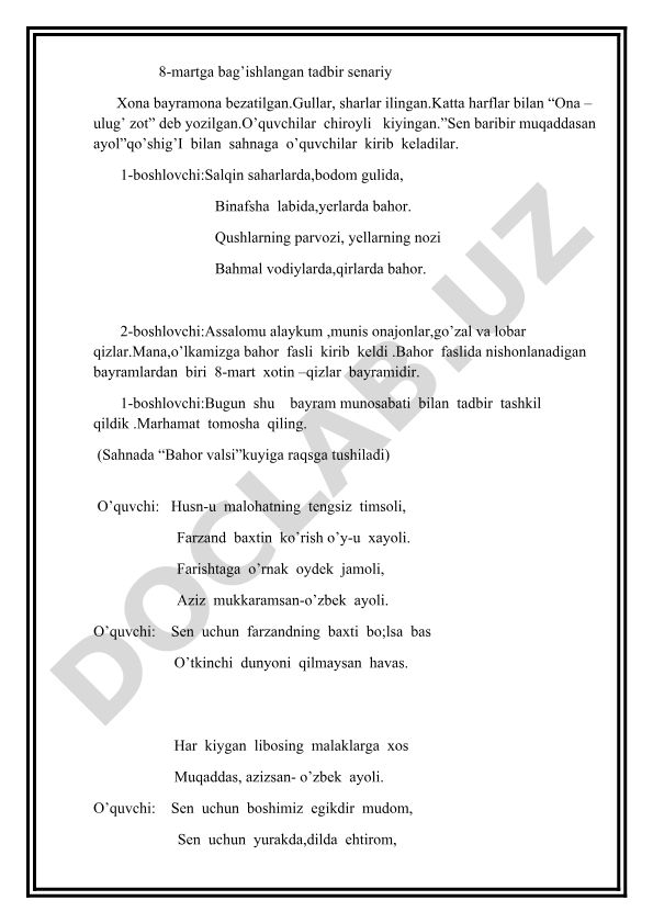 8-mart xotin-qizlar bayramiga bag'ishlangan tadbir senariysi