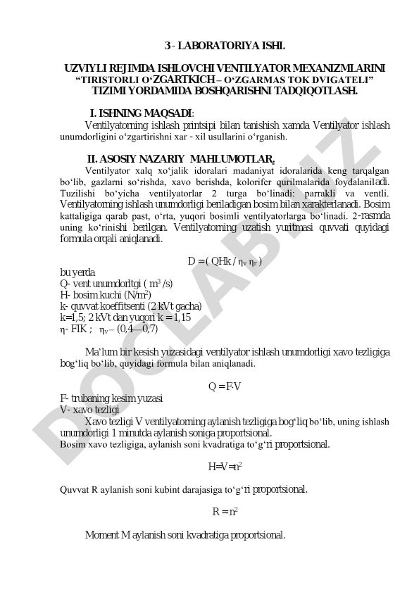 Uzviyli rejimda ishlovchi ventilyator mexanizmlarini tiristorli o‘zgartkich – o‘zgarmas tok dvigateli tizimi yordamida boshqarishni tadqiqotlash