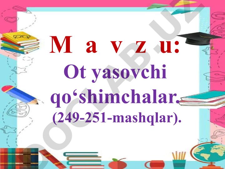 Ot yasovchi qo‘shimchalar: -chi, -kor, -dosh, -zor, -loq