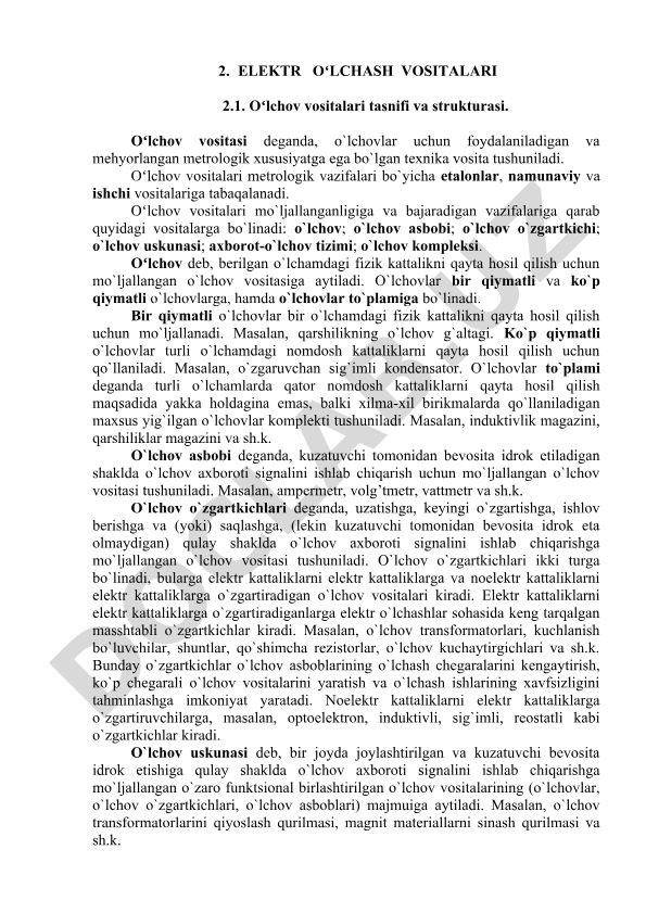 Elektroʻlchash vositalari tasnifi va tuzilishi