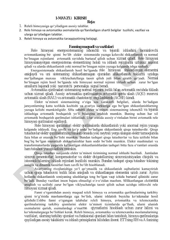Rele himoyasi va avtomatika asoslari