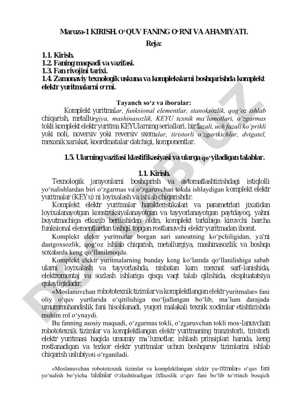 Komplekt elektr yuritmalar loyihalash va ishlab chiqarish
