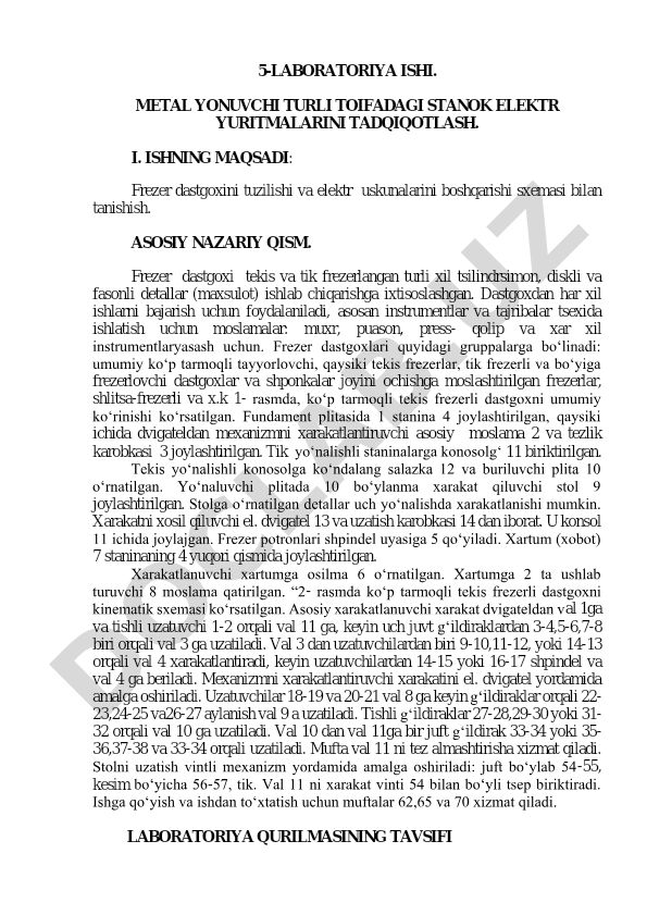 Frezer dastgoxi tuzilishi va elektr uskunalarini boshqarish sxemasi