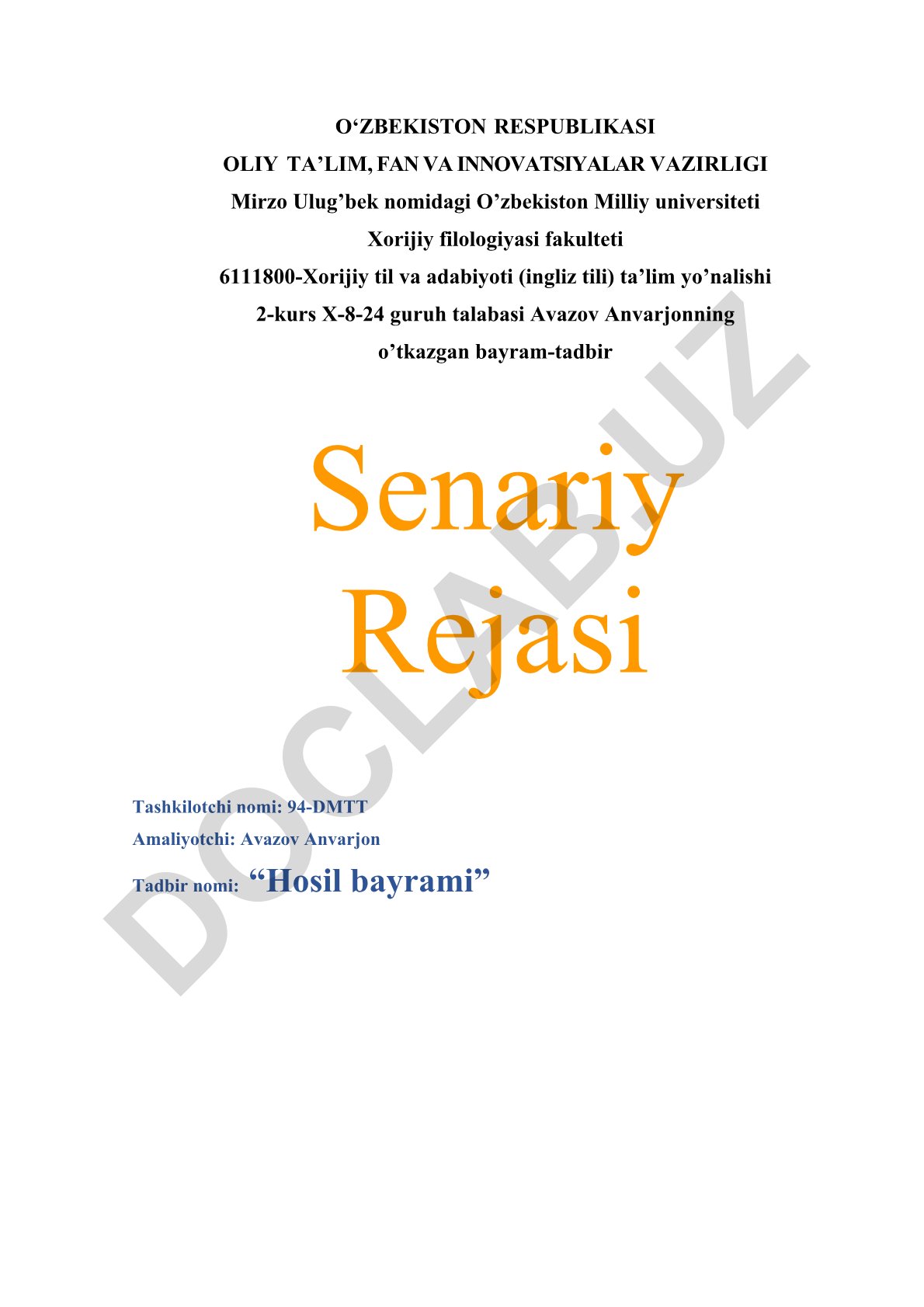 Bolalar uchun "Hosil bayrami" tadbiri senariy rejasi