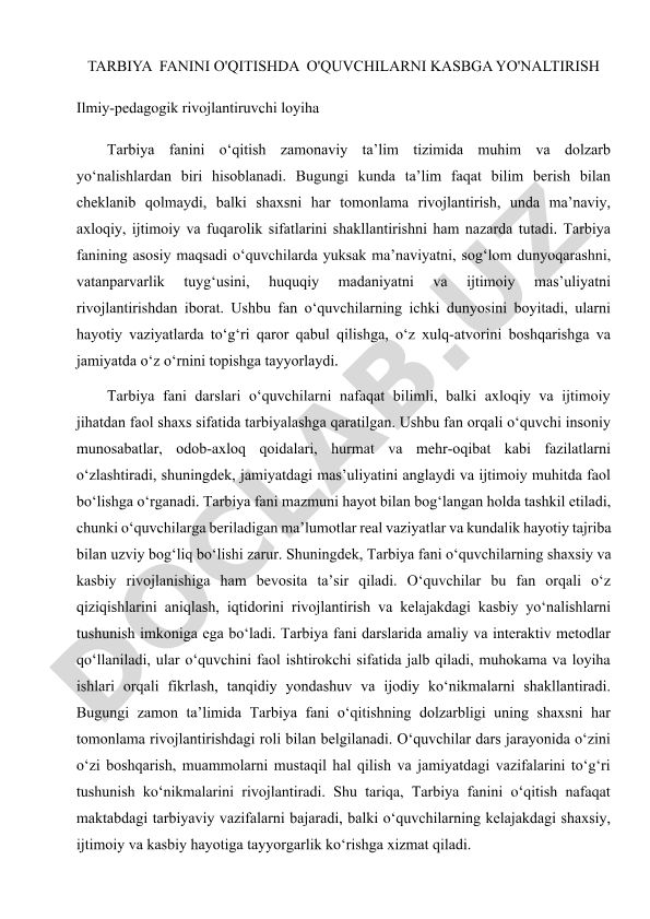 Tarbiya fanini o'qitishda o'quvchilarni kasbga yo'naltirish