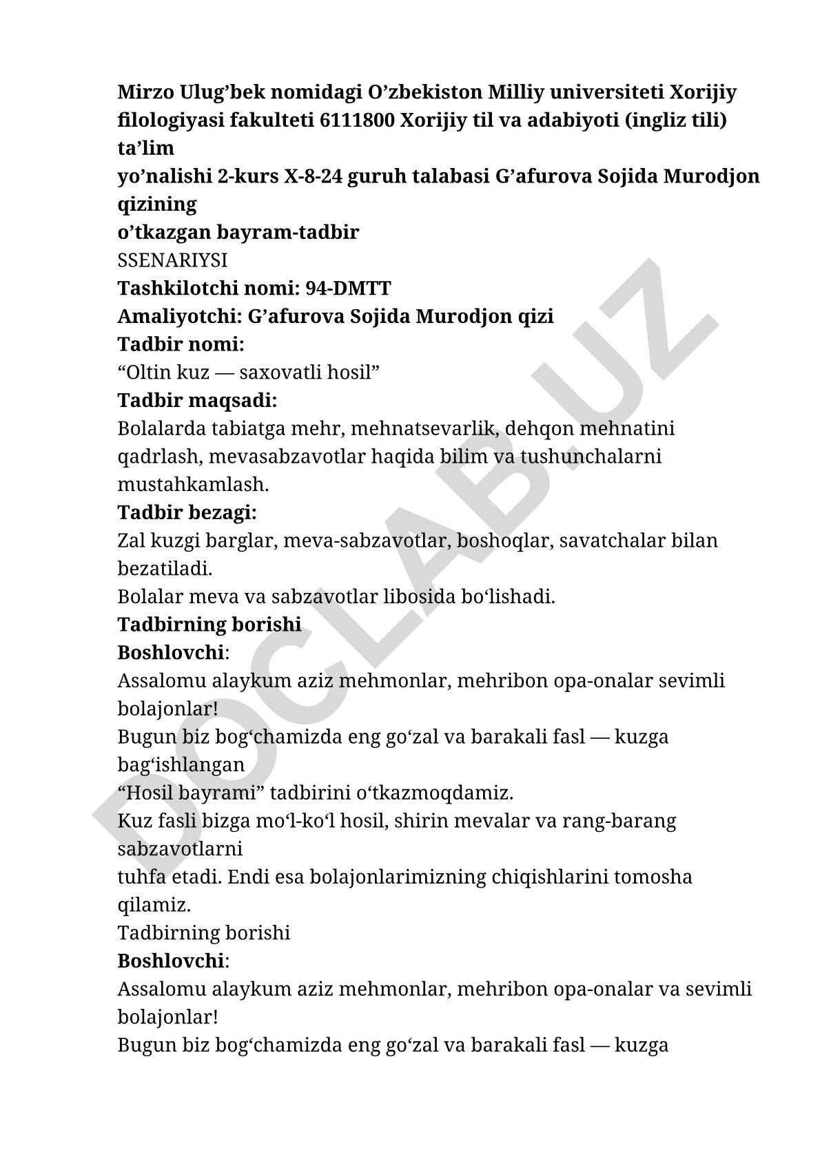 Oltin kuz — saxovatli hosil bayrami ssenariysi