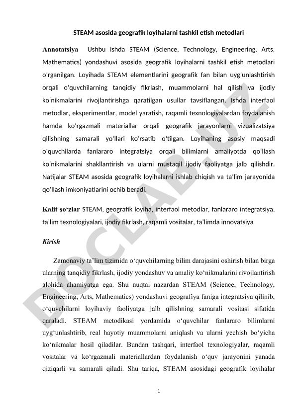 STEAM asosida geografik loyihalarni tashkil etish metodlari