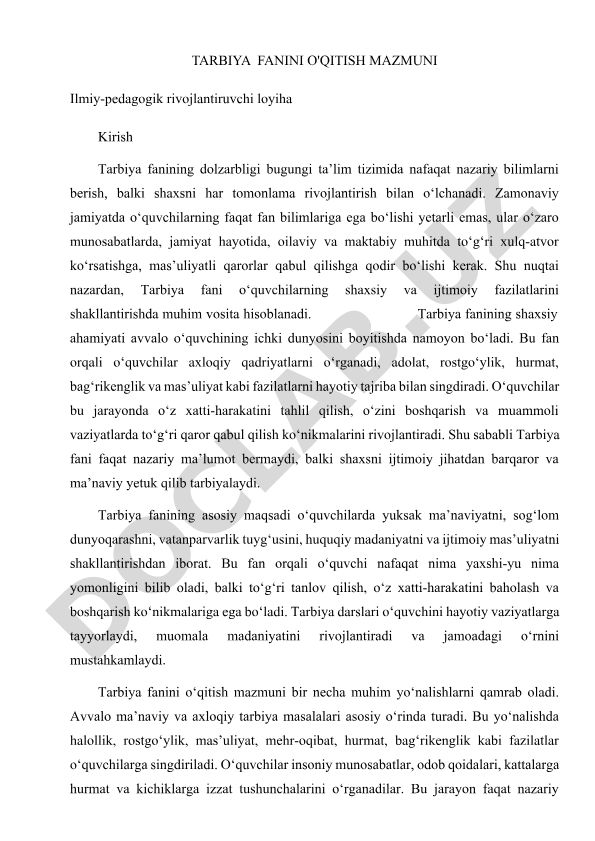 Tarbiya fanini o'qitish mazmuni