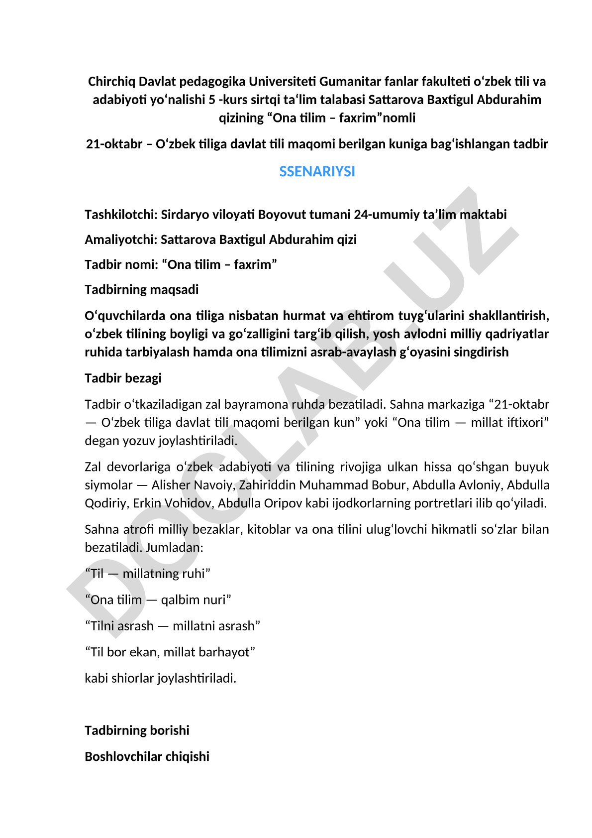 Ona tilim – faxrim tadbiri uchun ssenariy