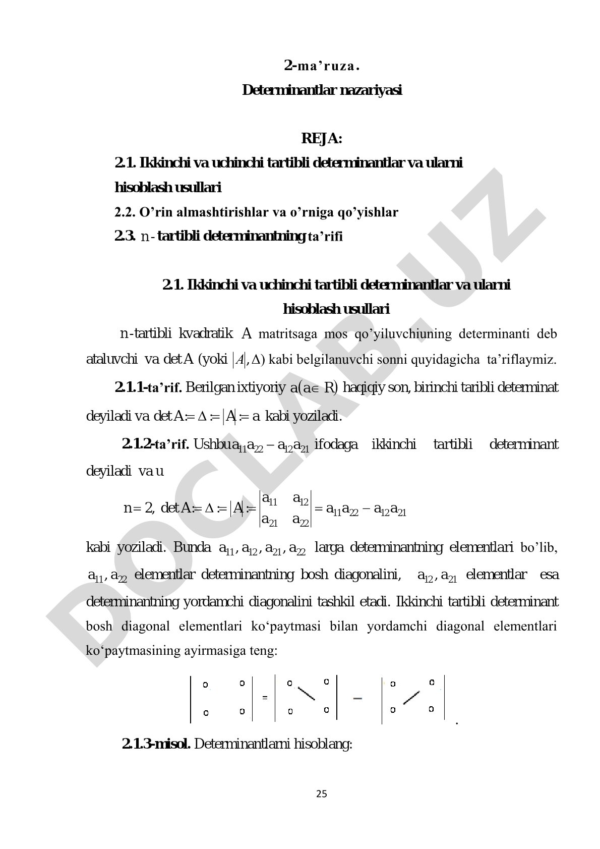 Ikkinchi va uchinchi tartibli determinantlar, hisoblash usullari va n-tartibli