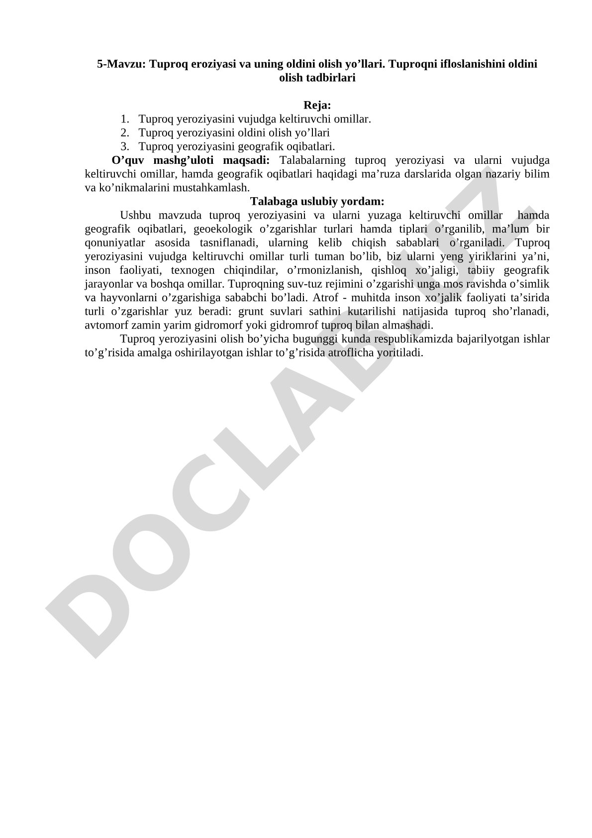 Tuproq eroziyasi va uning oldini olish yo’llari. Tuproqni ifloslanishini oldini olish tadbirlari
