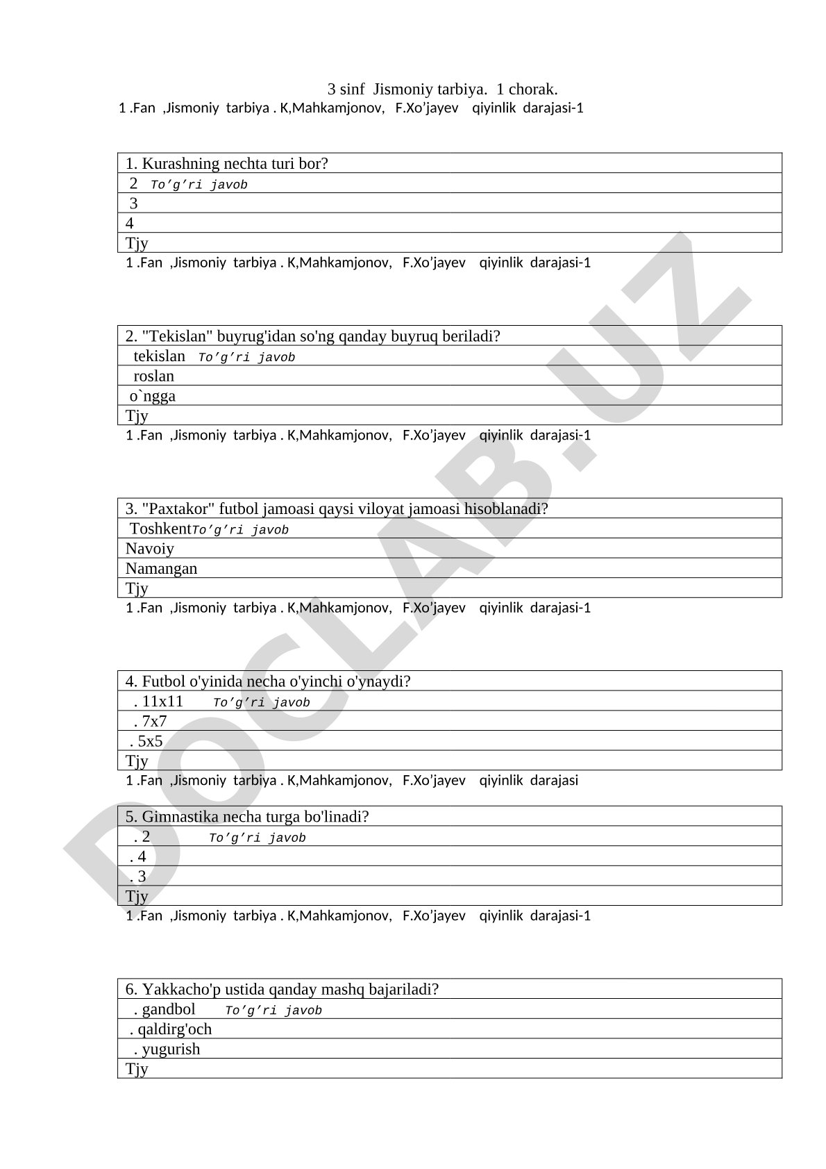 3-sinf Jismoniy tarbiya 1-chorak test savollari