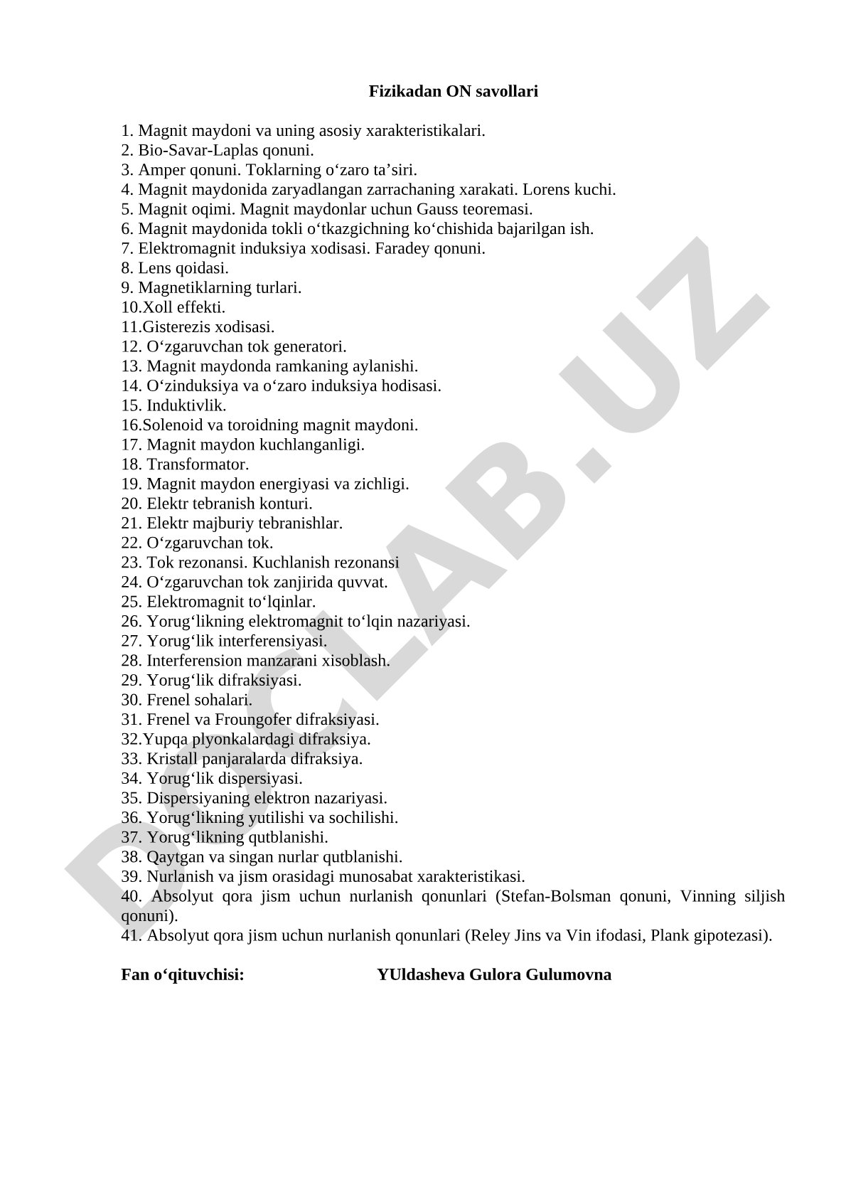 Fizikadan ON savollari