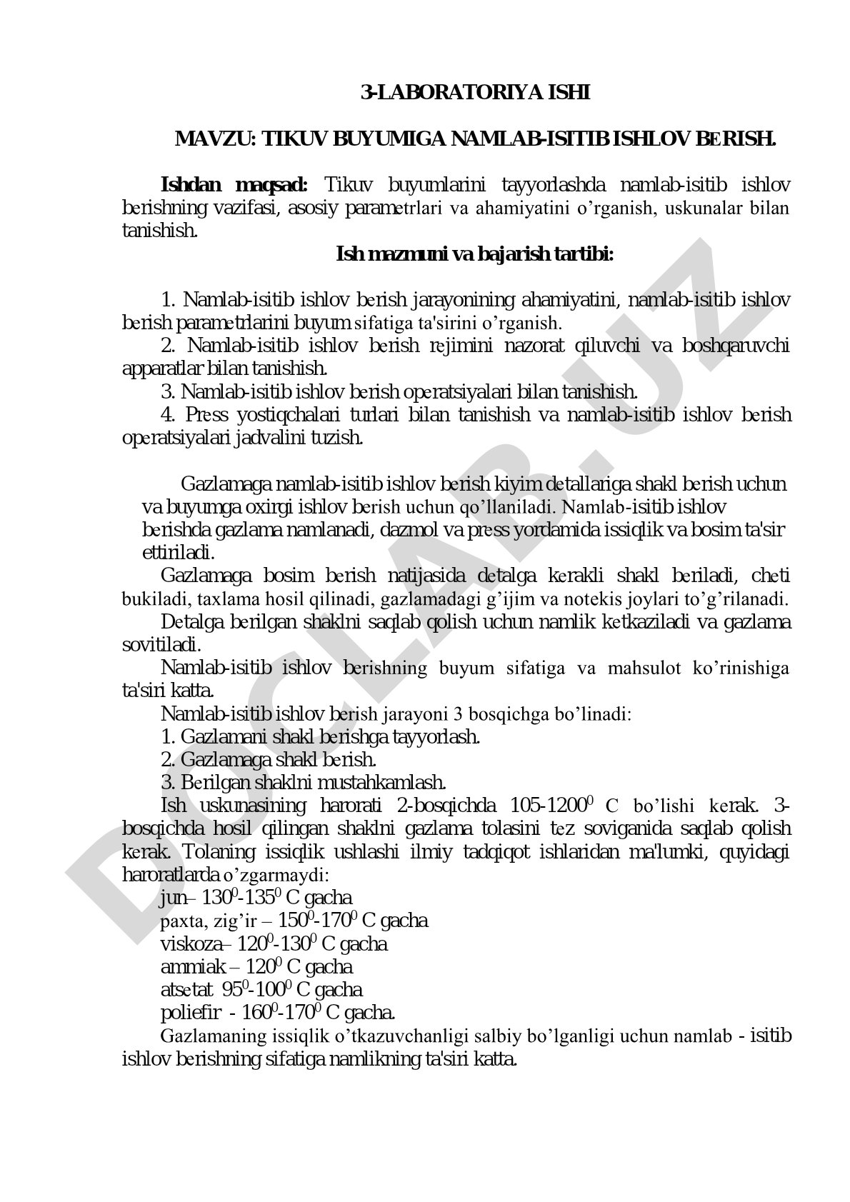 Tikuv buyumiga namlab-isitib ishlov berish