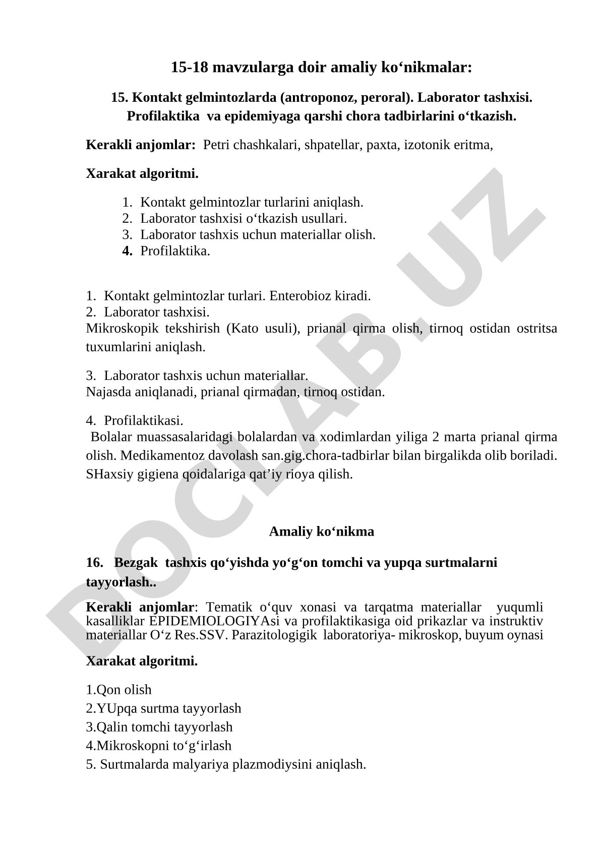 Kontakt gelmintozlarda laborator tashxisi va profilaktika