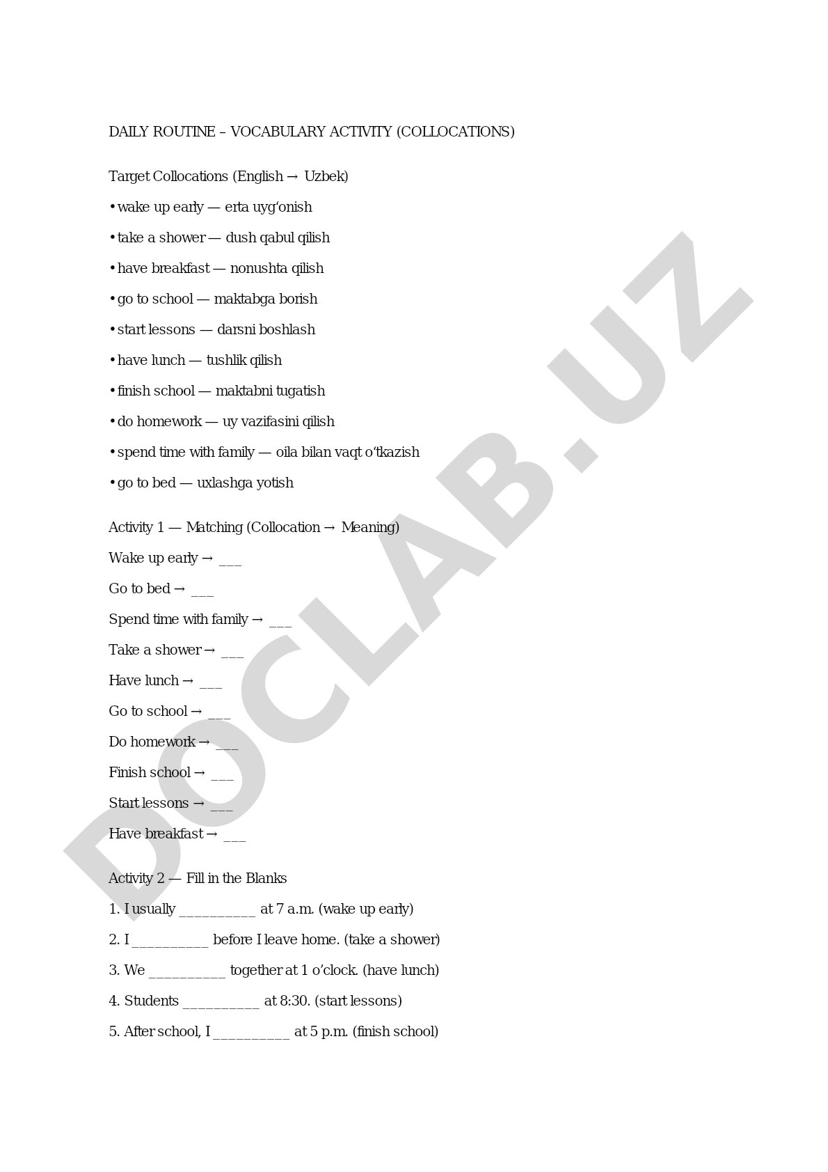 Daily routine – vocabulary activity (collocations)
