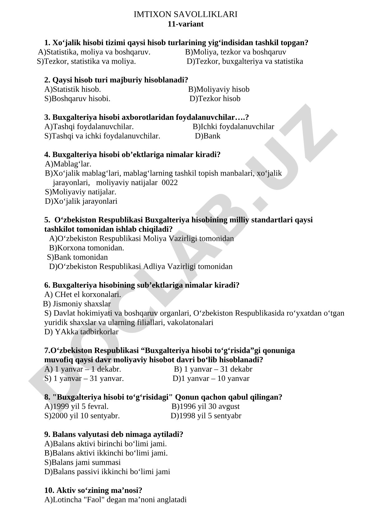 Buxgalteriya hisobi bo‘yicha imtihon savollari