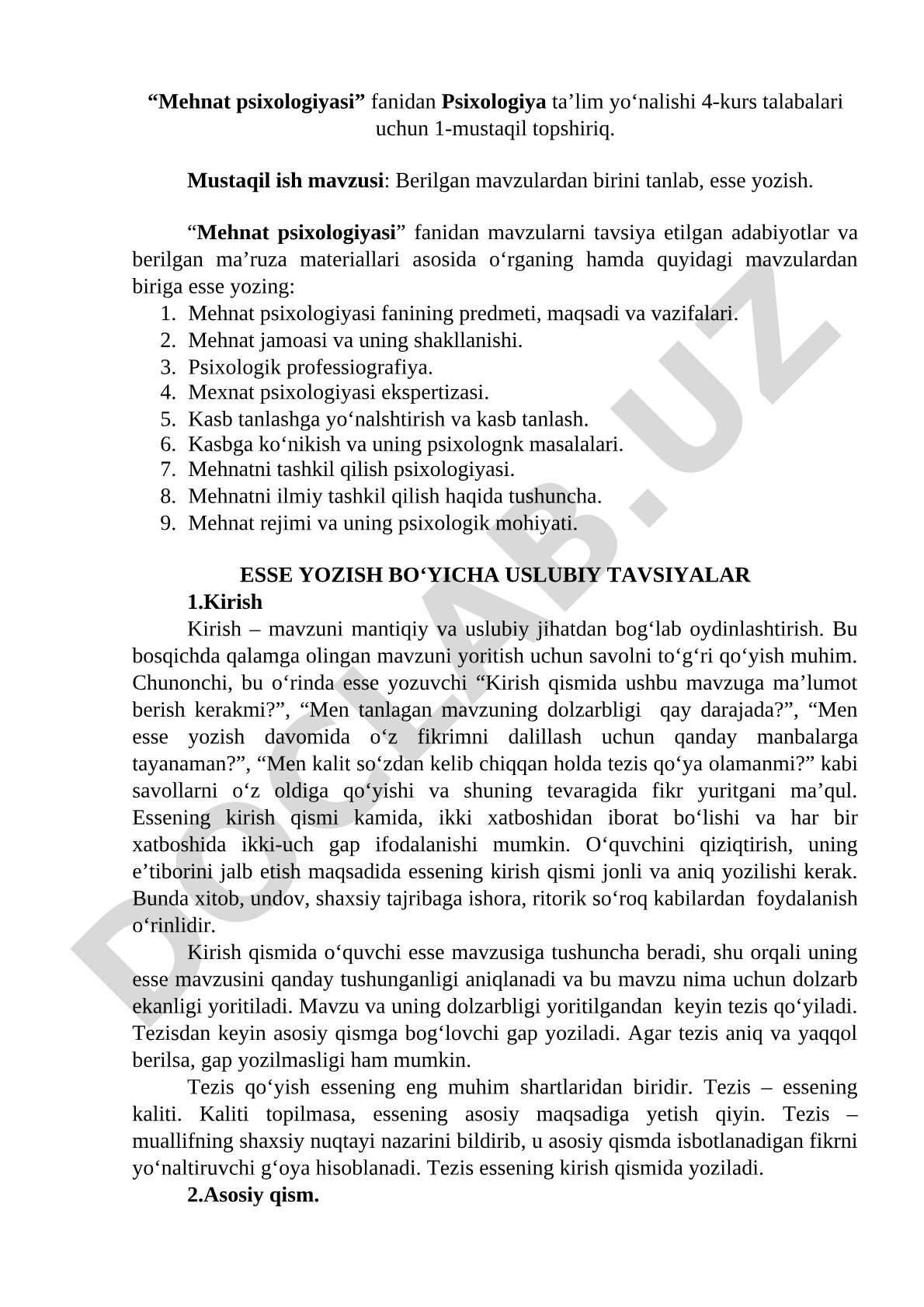 Mehnat psixologiyasi fanidan mustaqil topshiriq