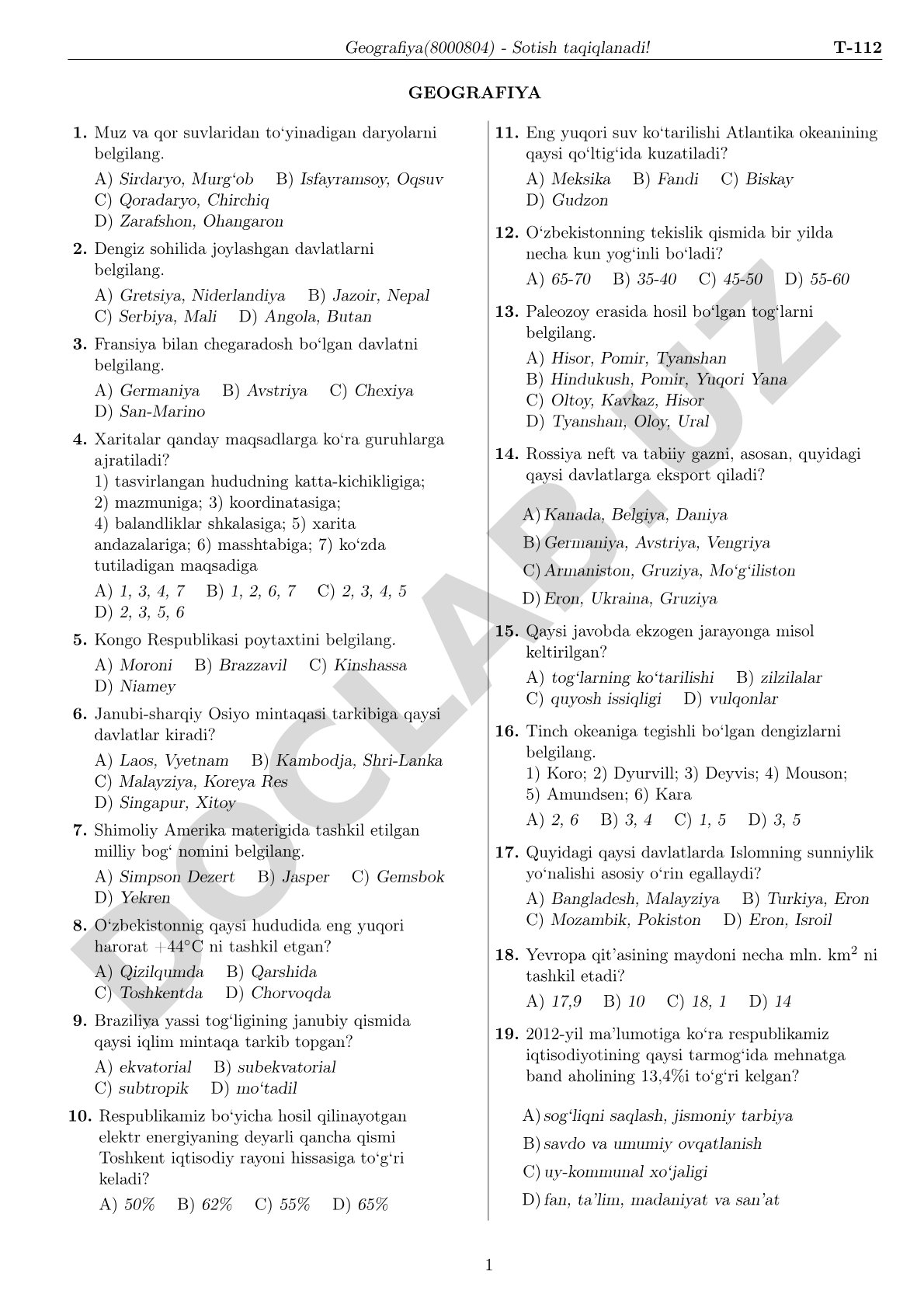 Geografiya fanidan test savollari