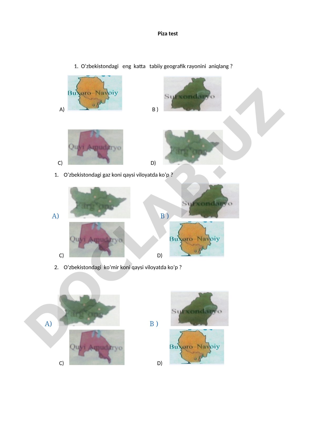 O‘zbekiston geografiyasi, tabiiy rayonlar, bayroqlar bo‘yicha test savollari
