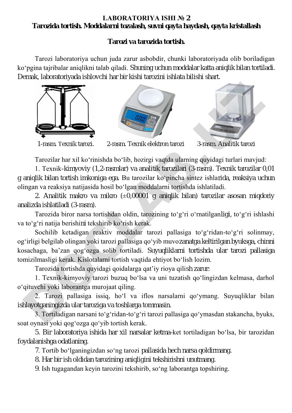 Tarozida tortish. Moddalarni tozalash, suvni qayta haydash, qayta kristallash