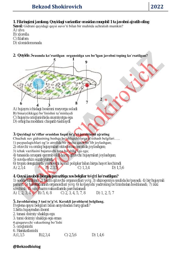 Gidra va bezgak paraziti biologiyasi test savollari