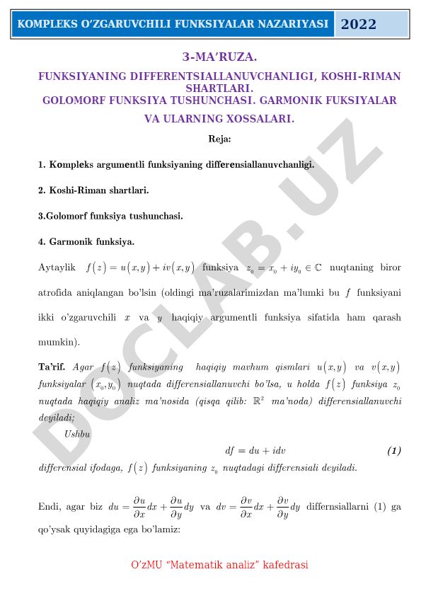 Kompleks o'zgaruvchili funksiyalar nazariyasi: differensiallanuvchanlik, Koshi-Riman shartlari, golomorf va garmonik funksiyalar