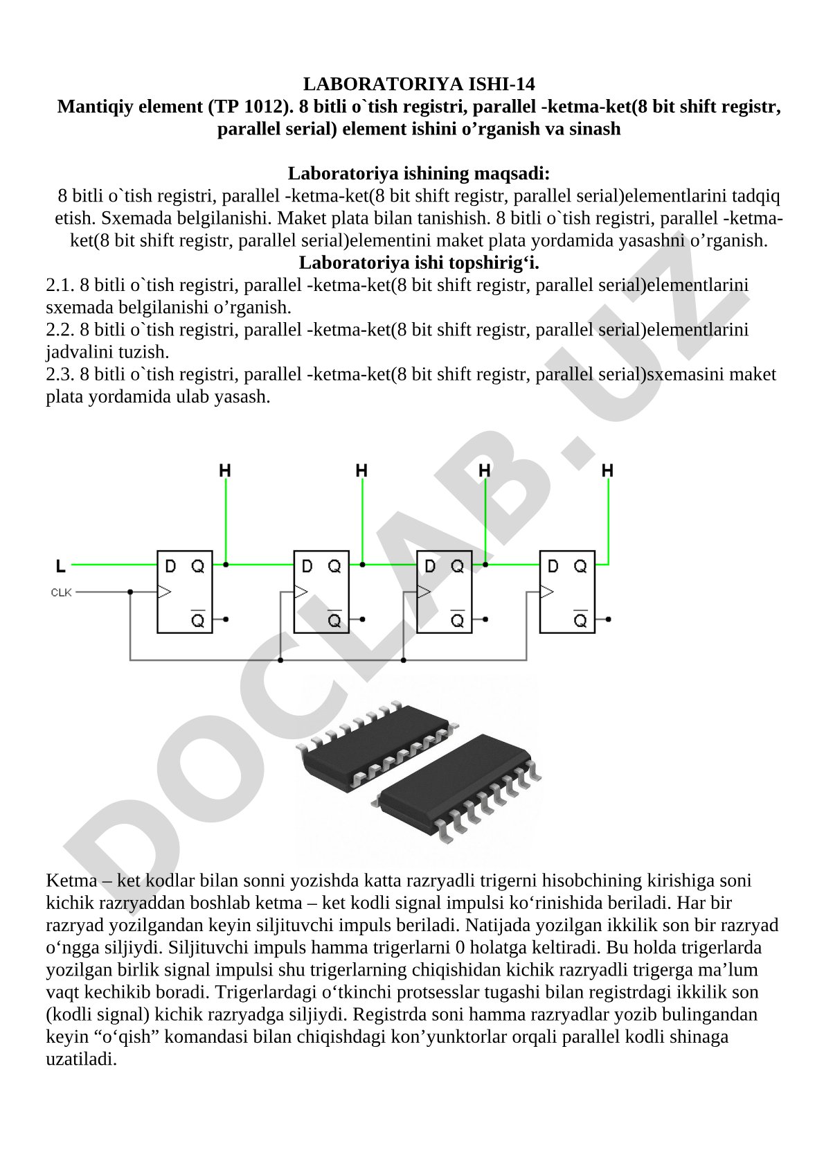 Mantiqiy element (TP 1012). 8 bitli o'tish registri, parallel -ketma-ket