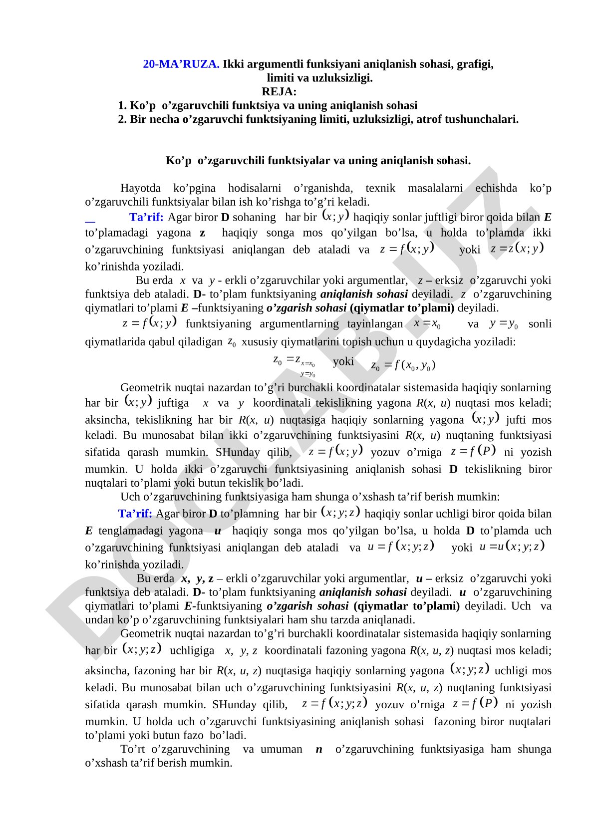 Ikki argumentli funksiyani aniqlanish sohasi, grafigi, limiti va uzluksizligi