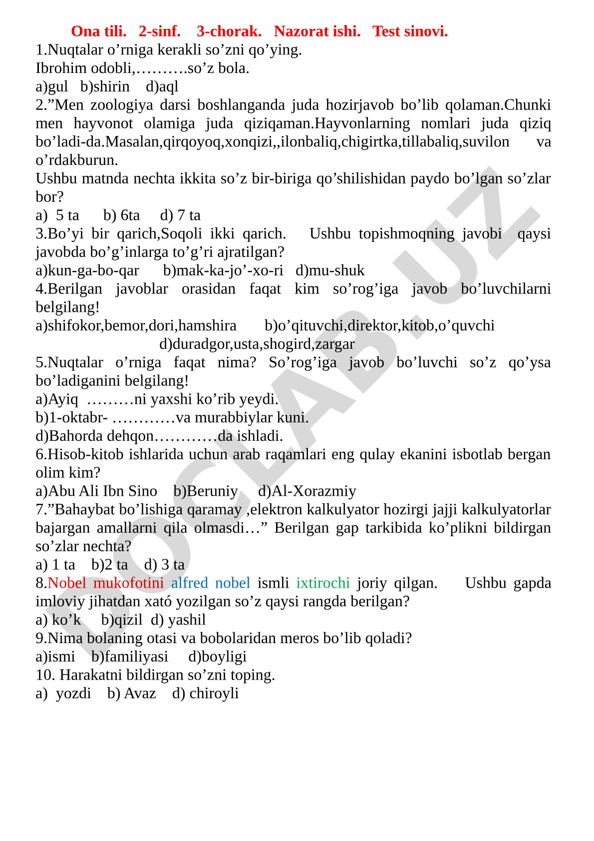 Ona tili 2-sinf 3-chorak nazorat ishi test sinovi