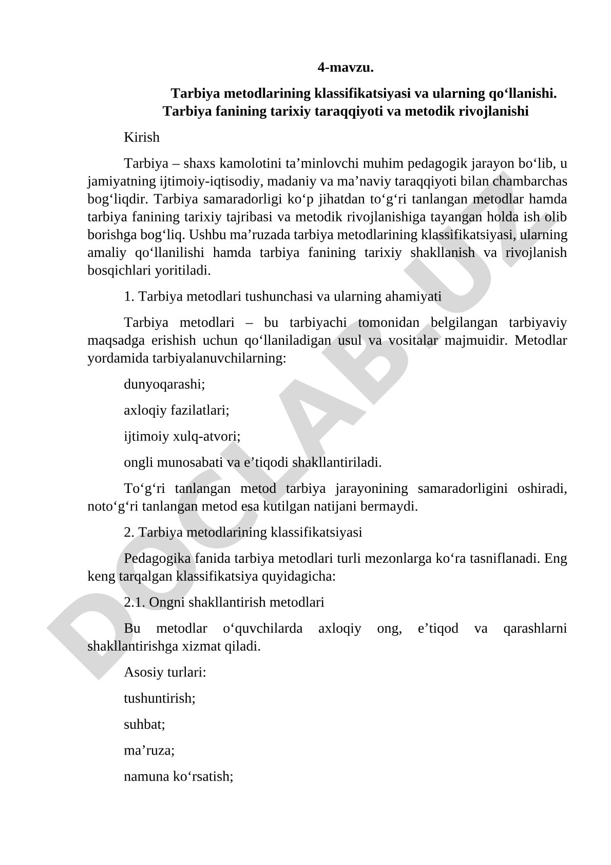 Tarbiya metodlarining klassifikatsiyasi va ularning qo‘llanishi