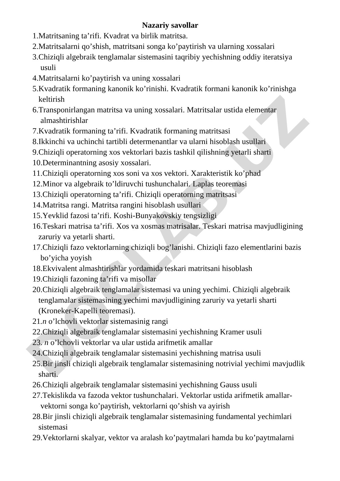 Matritsa va determinantlar, chiziqli algebraik tenglamalar sistemasi