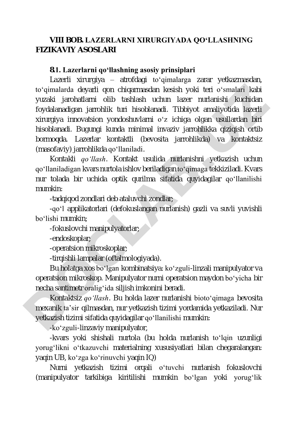 VIII bob. Lazerlarni xirurgiyada qo‘llashning fizikaviy asoslari