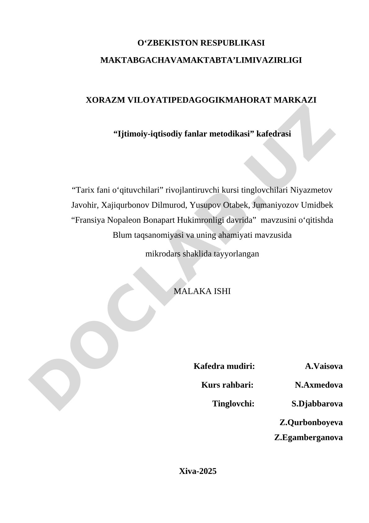 Fransiya Napoleon Bonapart hukmronligi davrini o'qitishda Blum taksonomiyasi va uning ahamiyati