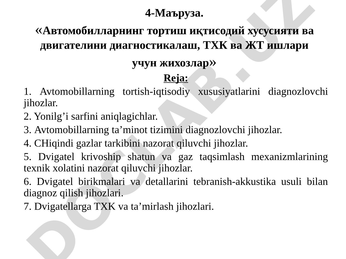 Avtomobillarning tortish iqtisodiy xususiyati va dvigatelini diagnostikalash, TXK va JT ishlari uchun jihozlar