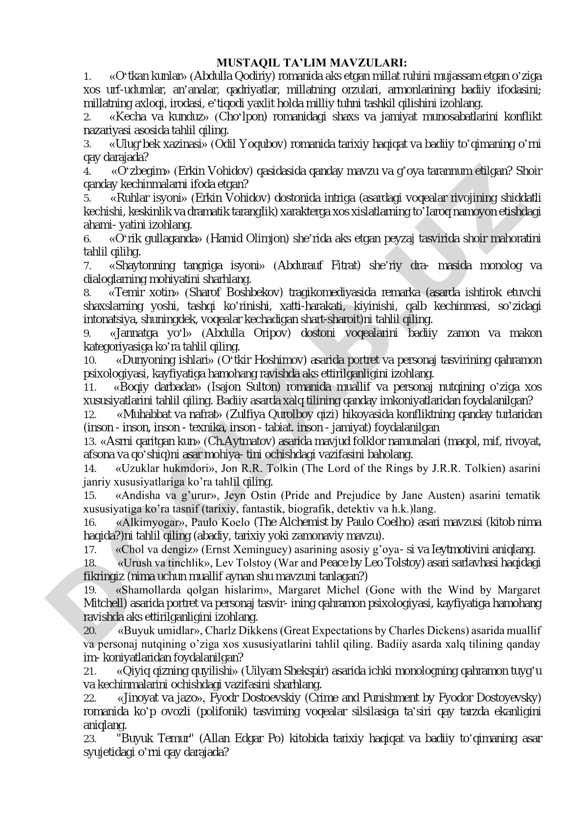 O'zbek adabiyotiga oid 8 ta mustaqil ta’lim mavzusi keltirilgan