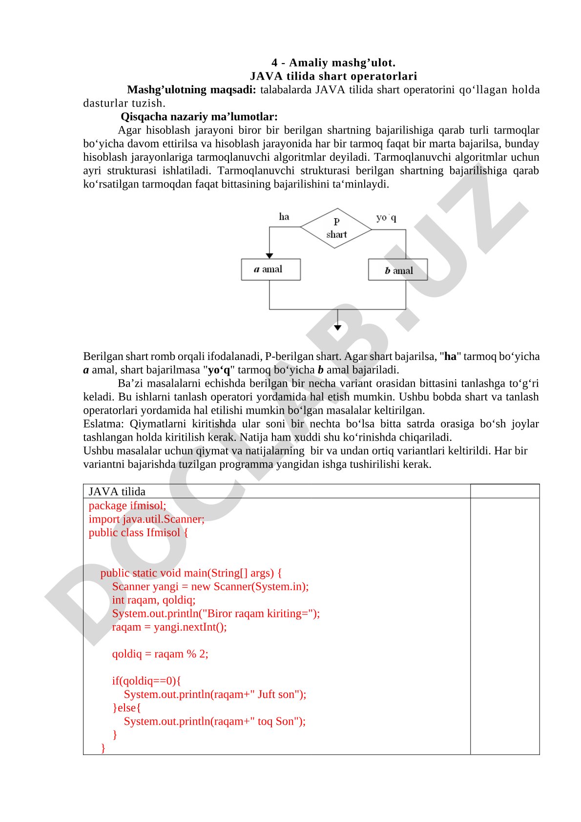 JAVA tilida shart operatorlari