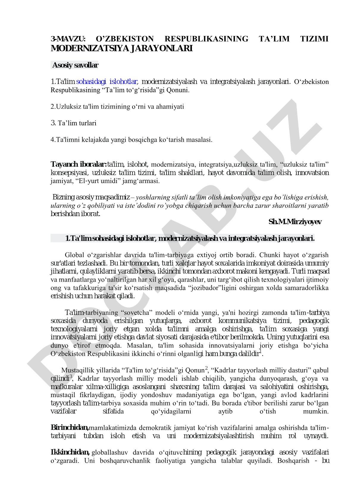 O’ZBEKISTON RESPUBLIKASINING TA’LIM TIZIMI MODERNIZATSIYA JARAYONLARI