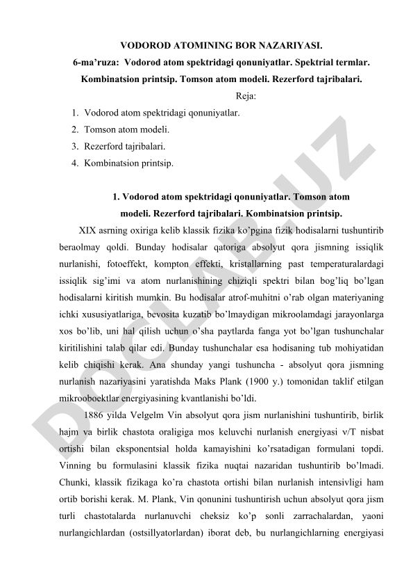 Vodorod atomi spektri qonuniyatlari va atom modellari